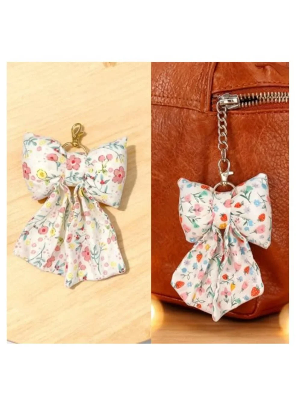 Handmade Puffy Bow Keychain Bag Charm, Cotton & Polyester Purse Accessory